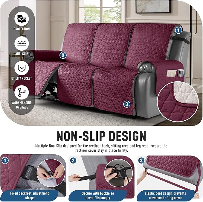 TAOCOCO 100% Waterproof Recliner Sofa Cover-Non Slip Split Couch Covers for Reclining Couches with Elastic Straps,Couch Covers for 3 Cushion Couch Sofa Pet Friendly(Wine, 3 Seater)
