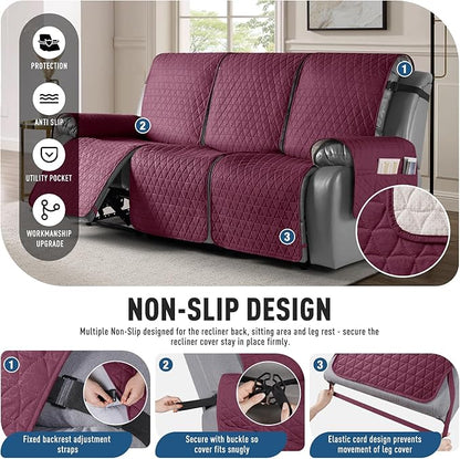 TAOCOCO 100% Waterproof Recliner Sofa Cover-Non Slip Split Couch Covers for Reclining Couches with Elastic Straps,Couch Covers for 3 Cushion Couch Sofa Pet Friendly(Wine, 3 Seater)