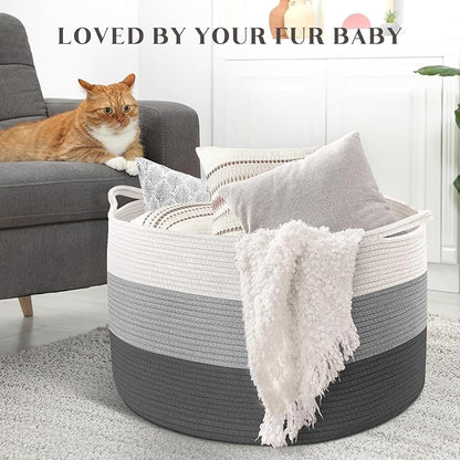 Maliton Large Blanket Basket, 22" X 22" X 14" Woven Baskets for storage Baby Laundry Hamper, Cotton Rope Blanket Basket for Living Room, Laundry, Nursery, Pillows, Clothes, Baby Toy chest (White&Grey)
