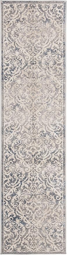 SAFAVIEH Brentwood Collection 2' x 12' Light Grey/Blue BNT810G Damask Non-Shedding Living Room Bedroom Runner Rug