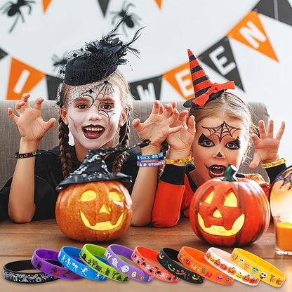 JUNEBRUSHS 120pcs Halloween Party Favors Silicone Bracelets Rubber Wristbands for Halloween Trick or Treat Party Kids Goodie Bag Stuffers Fillers Decorations Accessories Supplies(10 Designs)
