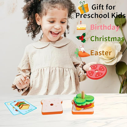Montessori Toys for 3+ Year Old, Wooden Sandwich Stacking Food Toys for Toddlers 3 4 5, Preschool Learning Activities Fine Motor Toys, Kids Educational Gift for Boys Girls Birthday Christmas