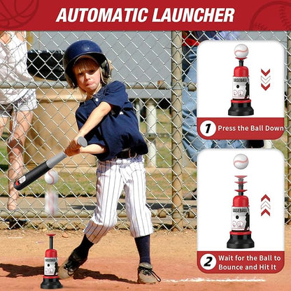 HYES 4 in 1 Kids Basketball Hoop and Tball Set 3-5, Basketball Goal with Scoreboard&LED, Hanging Tee Ball Stand with Baseball Pitching Machine, Indoor Outdoor Sport Toys for Boys 4-8
