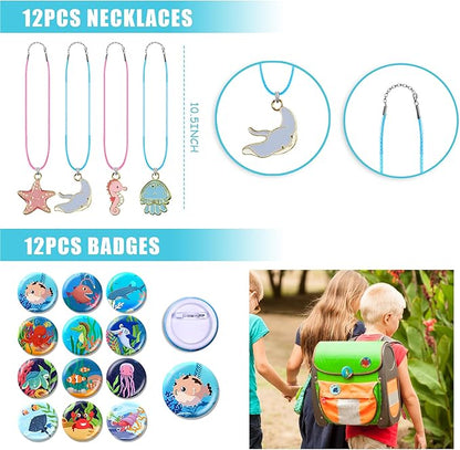 122 PCS Ocean Animal Party Favors Under the Sea Goodie Bags with Necklaces Stickers Slap Bracelets Button Pins and Bags for Sea Themed Birthday Party Supplies School Rewards (Ocean Animal)