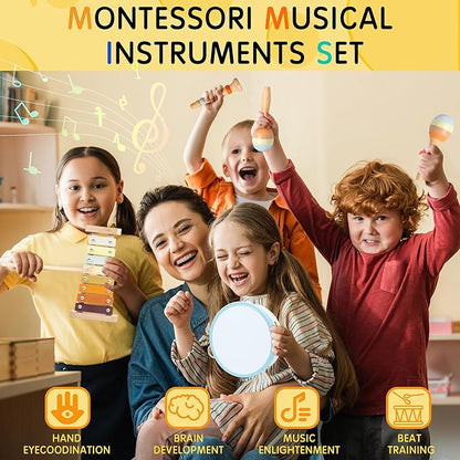 Baby Musical Instruments, Montessori Wooden Toys for Toddlers, Premium Wooden Musical Instrument Set for Kids Preschool Educational, Fun Musical Instruments for Children