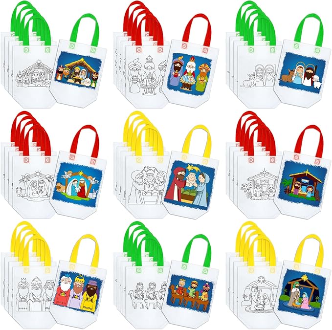 Kacctyen 45 Pcs Nativity Cute Coloring Goodie Bags Christian Reusable Christmas Art Party Favor Paint Bags for Nativity Theme Birthday Bags Color Your Own Bag Graffiti Goodie Bags, 9 Styles