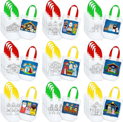 Kacctyen 45 Pcs Nativity Cute Coloring Goodie Bags Christian Reusable Christmas Art Party Favor Paint Bags for Nativity Theme Birthday Bags Color Your Own Bag Graffiti Goodie Bags, 9 Styles