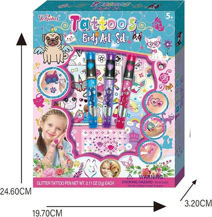 Kids Makeup Set Glitz Fun Tattoo DIY Set Glitter Tattoo Sets Playing Sticker Stencil Set Kids Toys for Birthday Gifts