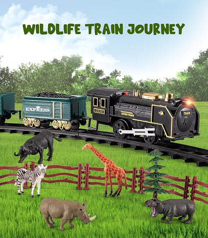 Safari Animals Figures Toy Train Set, Electric Locomotive with Light & Sound, Wildlife African Jungle Zoo Miniature Toys Cake Toppers Bulk Toddler Stocking Stuffers Gift for 3 4 5 Year Old Boys