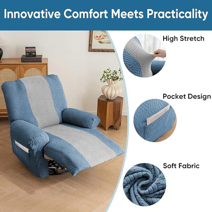 Lavish Cover Jacquard Recliner Chair Cover, Stretch Recliner Slipcover, Lazy Boy Recliner Sofa Protector, Furniture Cover for Pets and Scratches(Recliner,Blue+LightGrey)