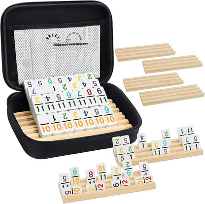 Mexican Train Dominoes Set with Numbers and 8 Wooden Trays/Racks, Double 12 Dominos Travel Set with 8 Tiles Holders, 91 Tiles Double 12 Colored Dominoes Game Set with Portable Case for Families Kids