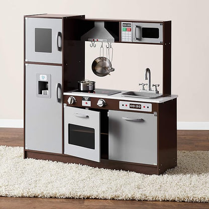 Amazon Basics Kids Upright Wooden Kitchen Toy Playset with Stove, Oven, Sink, Fridge and Accessories, for Toddlers, Preschoolers, Children Age 3+ Years, Espresso/Gray, 39x11.8x39''