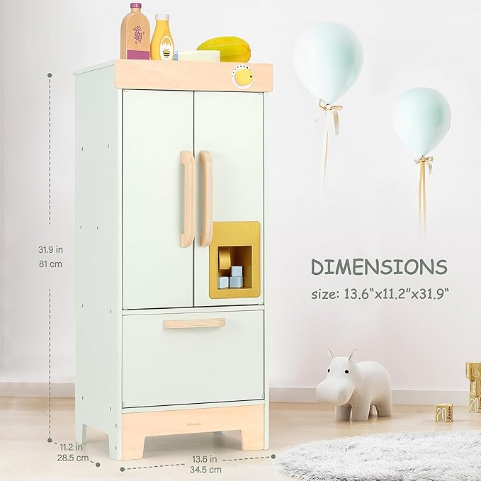 Wooden Play Kitchen Toy Fridge,Pretend Play Fridge with Ice Maker,Kids Refrigerator Freezer Set Kitchen Accessories,Toddler Play Kitchen for Boys & Girls Age 3+