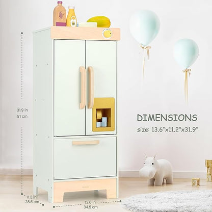 Wooden Play Kitchen Toy Fridge,Pretend Play Fridge with Ice Maker,Kids Refrigerator Freezer Set Kitchen Accessories,Toddler Play Kitchen for Boys & Girls Age 3+