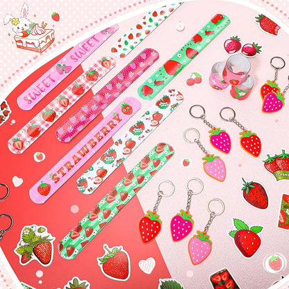 98 Pieces Strawberry Party Favors Include Sweet Berries Slap Bracelets Stickers Keychains for Berry Birthday Party Supplies Sweet One Party Summer Fruit Goodie Bag Fillers