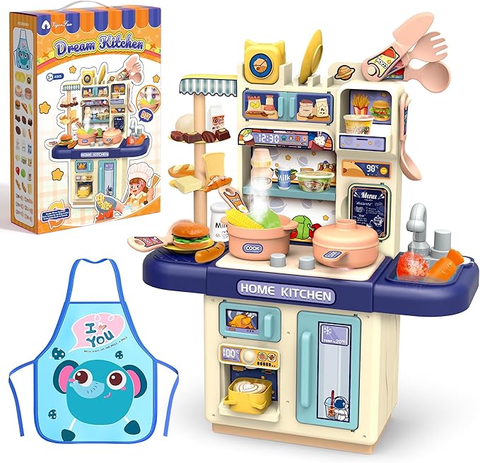 Mini Kids Kitchen Playset with Apron, Play Kitchen Toy with Realistic Steam and Lights, Play Sink and Toy Kitchen Accessories, Pretend Play Gift for Toddlers 3-5 Boys Girls (Blue)