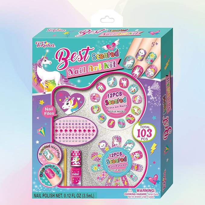 Kids Makeup Set Best Scented Nail Art Kit Ring Nail File Wooden Stick Kids Toys for Birthday Gifts Ages 5+