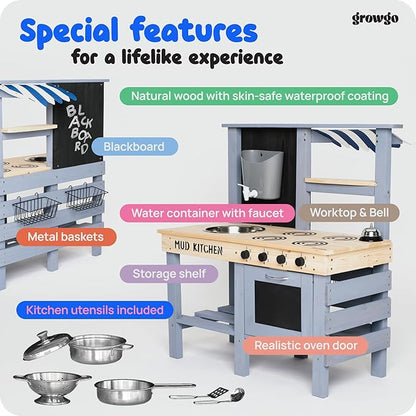 2-in-1 Mud Kitchen for Kids Outdoor with Utensils, Grocery Store Pretend Play - Lemonade Stand and Market Playset for Outdoor Fun - Perfect for Cooking, Role-Playing, and Creative Imagination