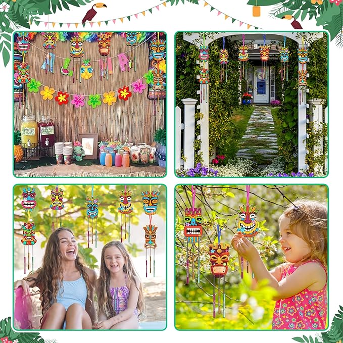 Fennoral 9 Pack Wind Chime Kit for Kids Make Your Own Tiki Wind Chime Wooden Arts and Crafts for Girls Boys DIY Coloring Hawaii Craft for Hawaii Summer Aloha Party Supplies Luau Party Decoration