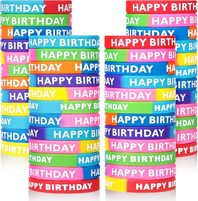 LovesTown 48PCS Birthday Rubber Bracelets, Silicone Stretch Wristbands Dual-color Happy Birthday Bracelets for Kids Adults Birthday Party Favors