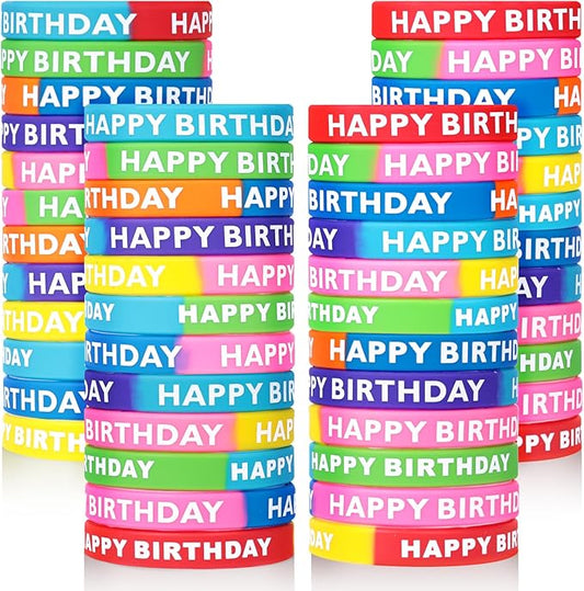 LovesTown 48PCS Birthday Rubber Bracelets, Silicone Stretch Wristbands Dual-color Happy Birthday Bracelets for Kids Adults Birthday Party Favors