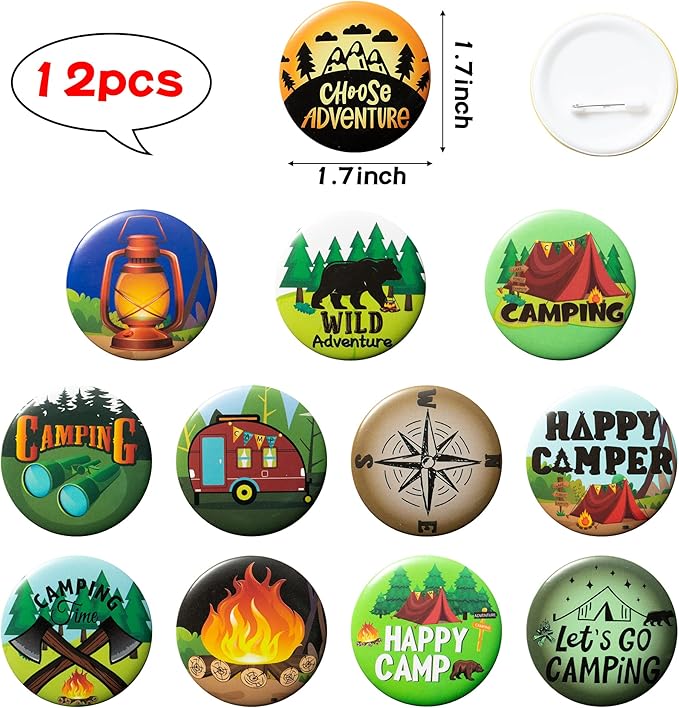 ANGOLIO 84Pcs Spring Camping Party Favors Kit Happy Camper Party Gifts Silicone Bracelets Stickers Keychains Badges for Kids Friends Summer School Camping Adventure Birthday Supplies