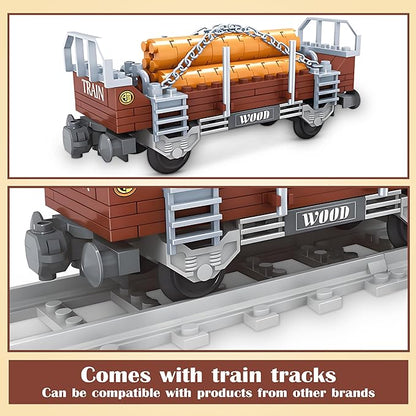 Finger Rock City Freight Train Car Building Toy Sets, Classic Wooden Carriage Cargo Train Model, 150 Pcs MOC Construction Toys for Train Lovers,STEM Gifts for Boys Girls 6 7 8+