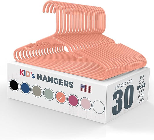 30pk Made in USA Baby Hangers | Kids Hangers for Children's Clothes, Toddler Outfits and Clothing | 20 50 100 Pack Available | Kid Plastic Hanger for Closet and Nursery | Child Kid Hangars (Peach)