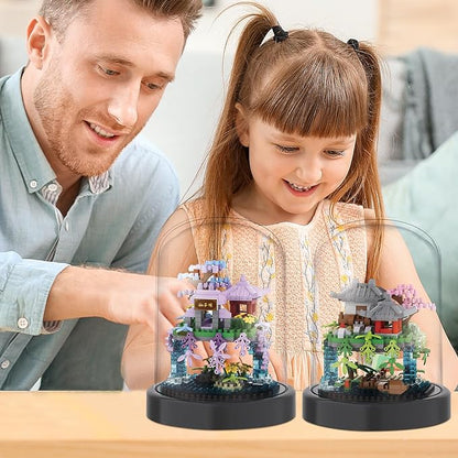 Cherry Blossom Tree House Building Block Sets with Acrylic Display Box Chinese Architecture of Peach Blossom Bonsai Treehouse Micro Mini Building Set Toy Gift for Kids Adults（2 Boxes）