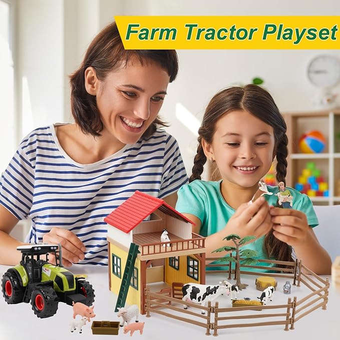 Farm Animals Figurines Toys Playset- Animal Barn House Toy Set,Tractor,Farmer,Fence,Easter Birthday Gifts for Girls Boys Toddlers Kids Ages for 3-7 Years Old