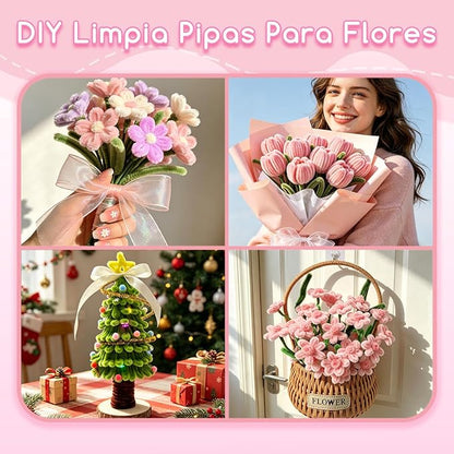 601PCS Complete Pink Pipe Cleaners Flower Kit–Pastel Pipe Cleaners for Flowers, DIY Craft Supplies for Projects, 6 Colors, with Floral Wires, Tape, Glue Sticks, Ribbon, Stamen, Manual & Video Tutorial