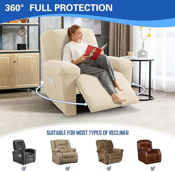 MAXIJIN Recliner Cover Slipcovers for Living Room 4 Pieces Stretch Jacquard Recliner Chair Cover Soft Fitted Recliner Protector with Elastic Bottom for Kids, Pets (Recliner, Light Beige)