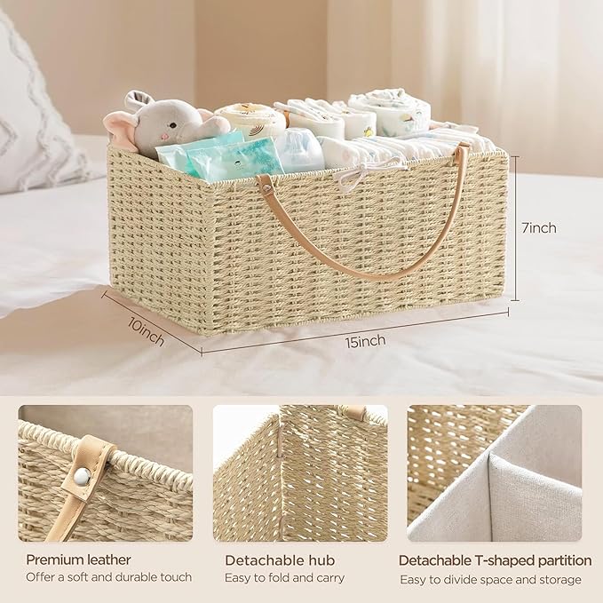 HBlife Large Baby Diaper Caddy Organizer, Paper Rope Storage Baskets Nursery Bin with Removable Divider, Portable Car Organizer for Diapers, Baby Shower Gifts, Newborn Essentials Must Haves