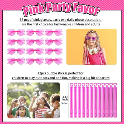 132Pcs Pink Girls Party Favors Pack, Goodie Box Stuffers Includ Heart Glasses Straws Bubble Wands Tattoo Sticker Bracelet Keychain Etc, for Kids Girls Birthday Party decoration Supplies