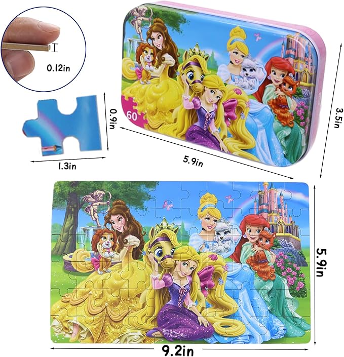 Wooden Princess Puzzles for Kids, 60 Pieces Jigsaw Puzzles in Metal Box, Educational Toys for Ages 3+ (0684, 8 Sets)
