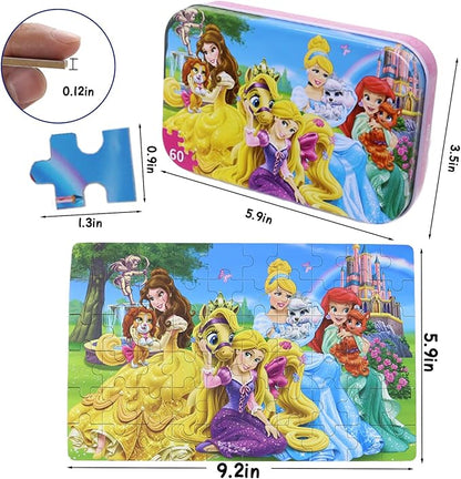 Wooden Princess Puzzles for Kids, 60 Pieces Jigsaw Puzzles in Metal Box, Educational Toys for Ages 3+ (0684, 8 Sets)
