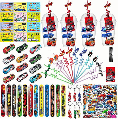 128 Pcs Race Car Party Favors, Race Car Birthday Party Decoration, Christmas Race Car Party Decoration, Including Cup Straw Buckle Bracelet Mini Car Stickers Keychain For New Year Gifts Party Supplies