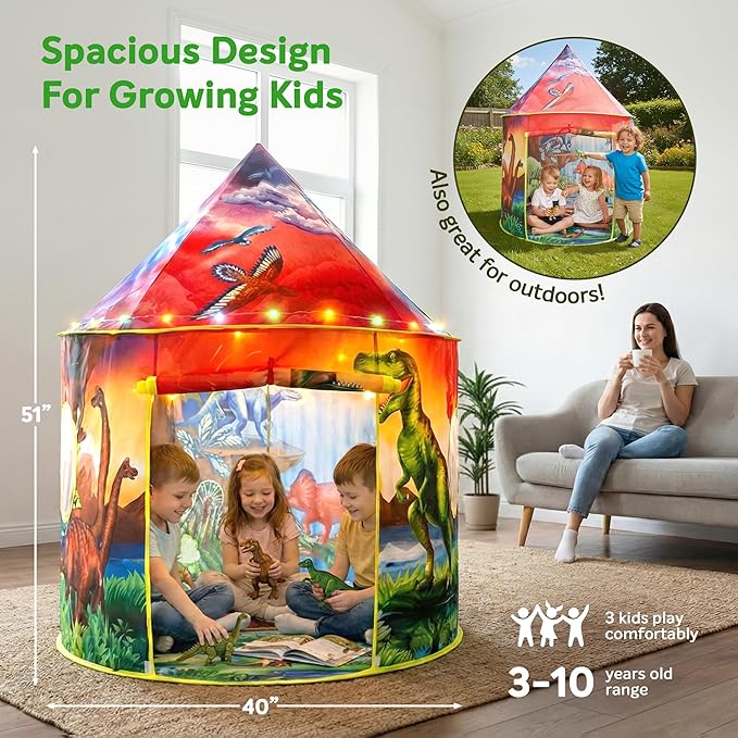 W&O Dinosaur Discovery Kids Tent with Roar Button, Dinosaur Toys and LED Lights - Epic Pop Up Tent for Boys & Girls - Perfect for Indoor & Outdoor Adventures