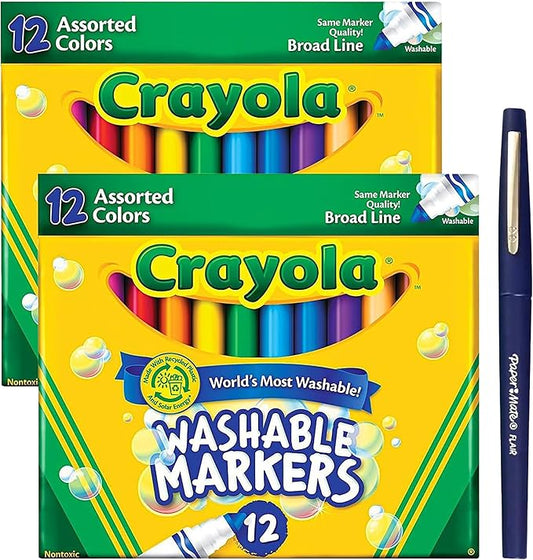 Crayloa Broad Line Markers for Kids Assorted Colors 2-Pack (24 Count) Classic Washable Markers for Classroom, School Supplies, Ages 3+ With Bonus Medium Paper Mate Pen
