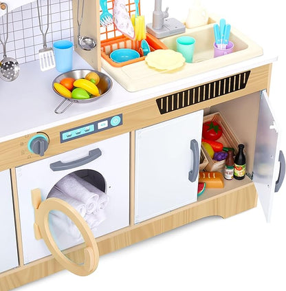 Lil' Jumbl Kids Wooden Natural Color Kitchen Set, Pretend Working Sink with Real Running Water, Includes Range Hood, Microwave & Stove Top, Realistic Sound & Light, Full Accessory Set Included