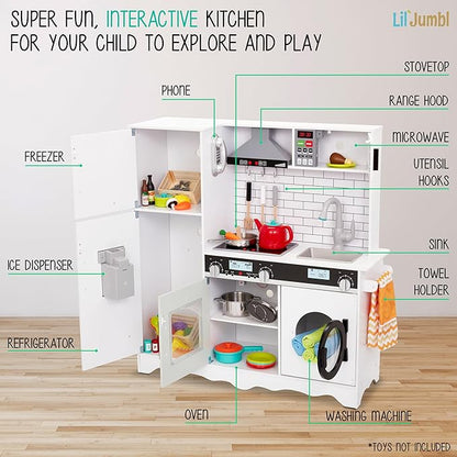 Lil’ Jumbl Kids Kitchen Set, Pretend Wooden Play Kitchen, Battery Operated Icemaker, Microwave, Range Hood, Stove Top, Oven, with Realistic Sound & Lights, Pots, Pan, & Utensils Included