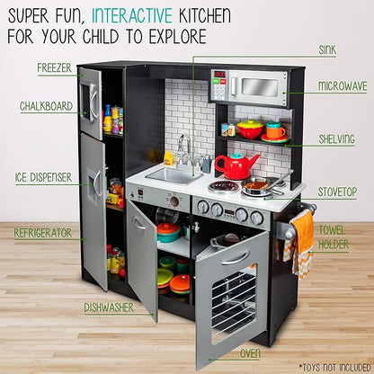 Lil' Jumbl Kids Kitchen Set, Pretend Wooden Play Kitchen, Battery Operated Icemaker & Microwave with Realistic Sound, Pots & Pan Included - Charcoal