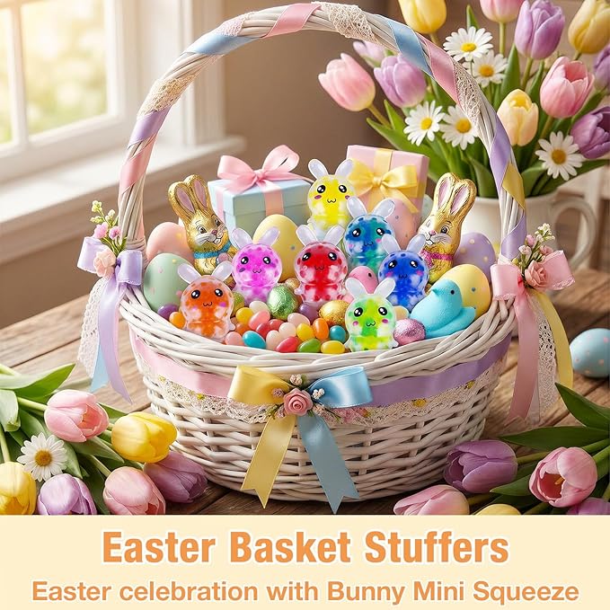 Exun 12 Pcs Easter Bunny Mini Squeeze Balls, Easter Basket Stuffers, Easter Egg Fillers, Squishies Stress Relief Fidget Toys for Kids Boys Girls Toddlers Gifts Party Favors
