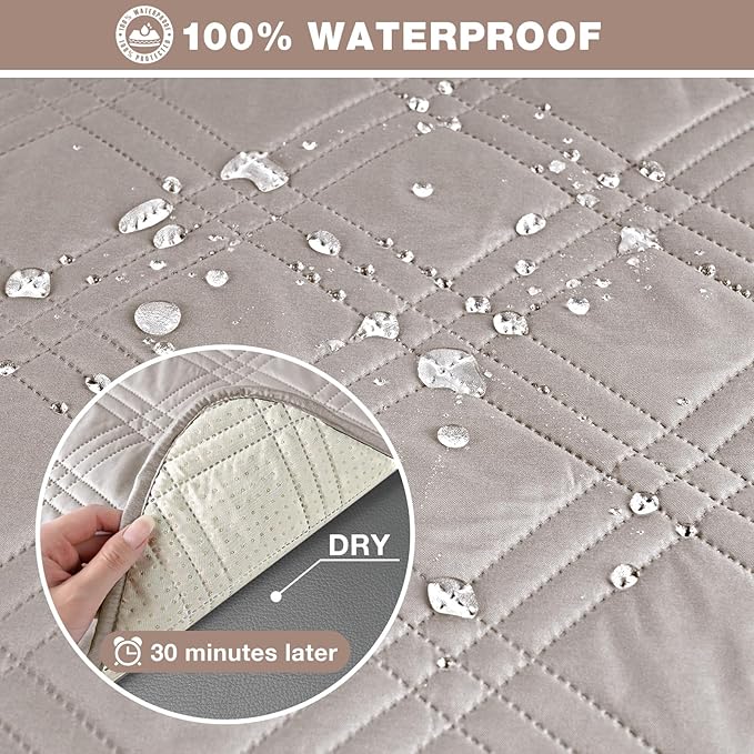 TAOCOCO 100% Waterproof Oversized Loveseat Recliner Cover, Non Slip Split Loveseat Covers for Reclining Loveseat with Elastic Straps for Kids Pets(Oversized 2 Seater, Cream)