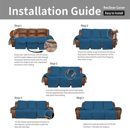 Easy-Going Recliner Sofa Cover, Reversible Couch Cover for 3 Seat Recliner, Split Sofa Cover for Each Seat, Furniture Protector with Elastic Straps for Dogs, Pets(3 Seater, Peacock Blue/Beige)