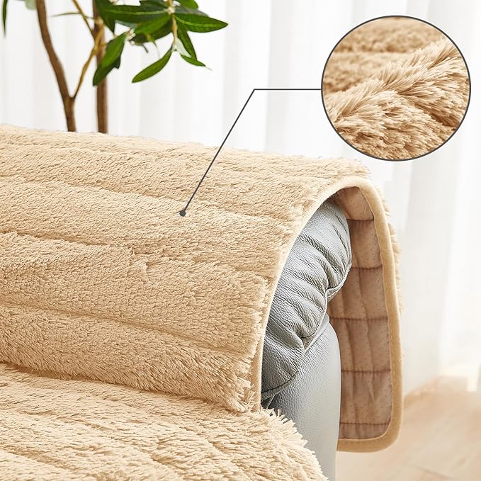 RBSC Home Plush Recliner Slipcover 30 Inches Beige Chair Covers Artificial Wool Lazy Boy Cover Quilted Cover for Recliner Chairs and Furniture Soft Warm