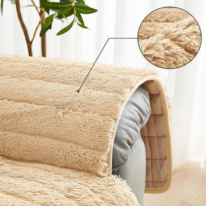 RBSC Home Plush Recliner Slipcover 30 Inches Beige Chair Covers Artificial Wool Lazy Boy Cover Quilted Cover for Recliner Chairs and Furniture Soft Warm