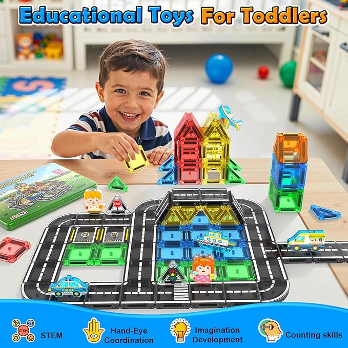 Mini Magnetic Tiles Road Travel Essentials Set — Portable STEM Sensory Magnetic Building Blocks for Toddlers & Preschool, Compact Travel Toys for 3+ Boys & Girls, Easter Birthday Gift