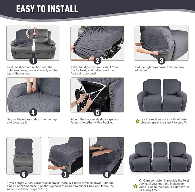 KinCam Recliner Covers, Stretch Reclining Chair Covers, Recliner Sofa Slipcovers Stripe Jacquard Recliner Couch Covers Furniture Protector Covers for Pet Kid (3 Seater, Dark Gray)