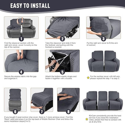 KinCam Recliner Covers, Stretch Reclining Chair Covers, Recliner Sofa Slipcovers Stripe Jacquard Recliner Couch Covers Furniture Protector Covers for Pet Kid (3 Seater, Dark Gray)